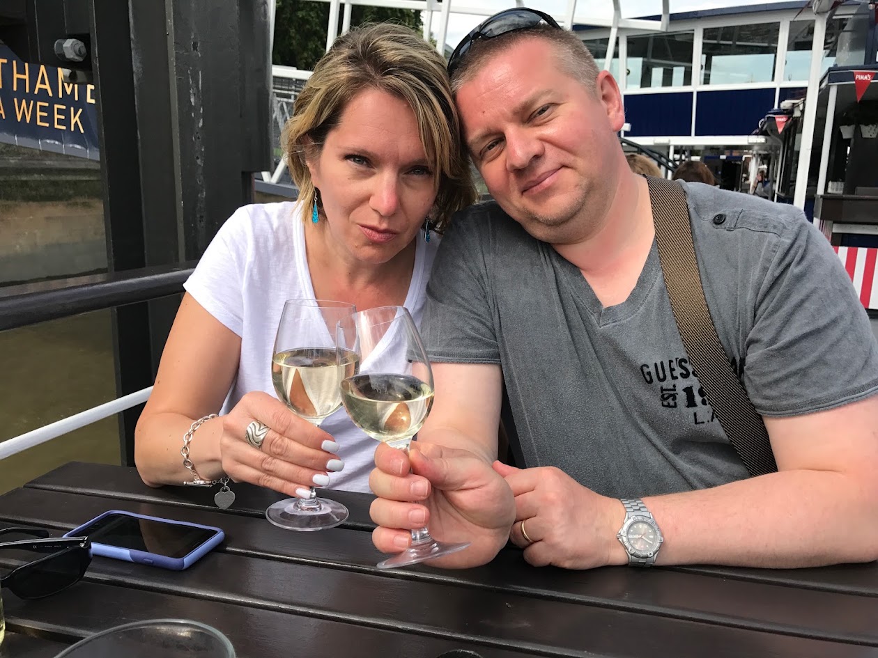 Yana and me enjoying wine during a trip to London