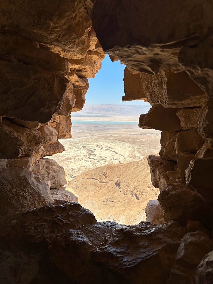 View through an opening in the stonework at Masada toward the Dead Sea